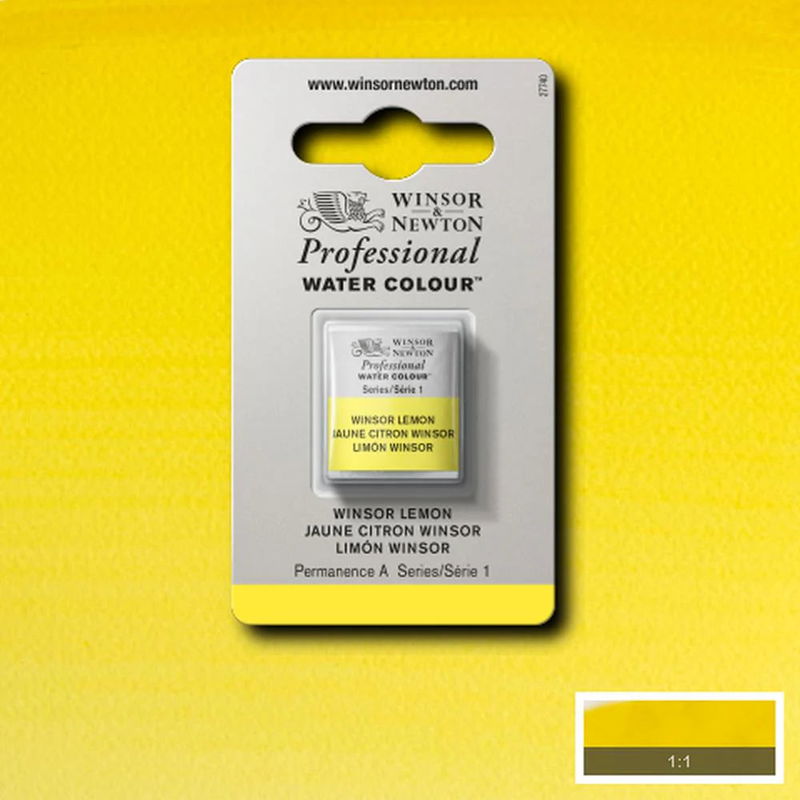 Winsor & Newton Professional Water Colour Winsor Lemon i halvkopp som visas mot målad bakgrund i samma färg.