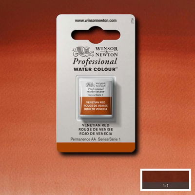 Färgprov och förpackning, Venetian Red halvkopp Winsor & Newton Professional Water Colour Venetian Red i halvkopp som visas mot målad bakgrund i samma färg.