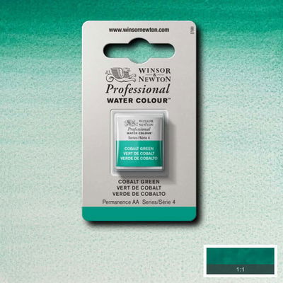 Färgprov och förpackning, Cobalt Green halvkopp Winsor & Newton Professional Water Colour Cobalt Green i halvkopp som visas mot målad bakgrund i samma färg.