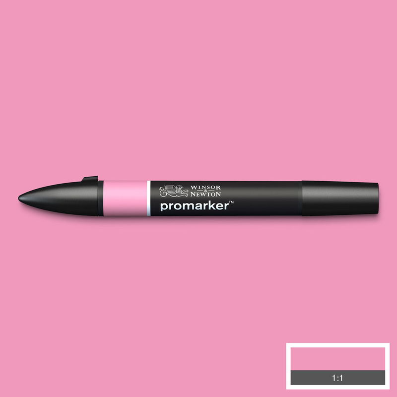 Winsor & Newton Promarker Rose Pink M727 marker med färgprov och bakgrund i samma ton