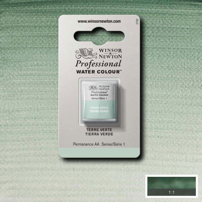 Winsor & Newton Professional Water Colour Terre Verte i halvkopp som visas mot målad bakgrund i samma färg.