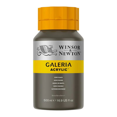 Winsor & Newton Galeria Akrylfärg, 500 ml flaska mot färgad bakgrund. Ivory Black