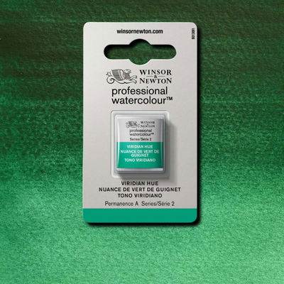 Winsor & Newton Professional Water Colour Viridian Hue i halvkopp som visas mot målad bakgrund i samma färg.