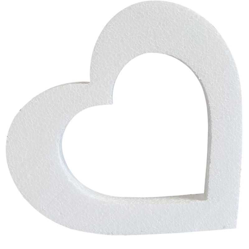 Vitt frigolithjärta till pyssel och dekorationer. Hjärtat har ett hål i mitten