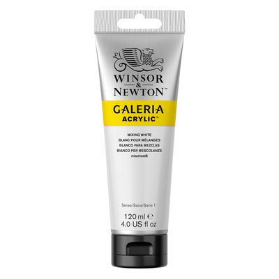 Winsor & Newton Galeria Akrylfärg, 120 ml tub mot färgad bakgrund. Mixing White