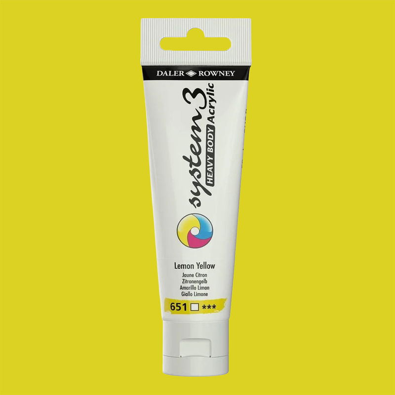 Akrylfärg i tub System3 Heavy Body Lemon Yellow 651 med färgprov