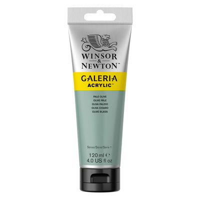 Winsor & Newton Galeria Akrylfärg, 120 ml tub mot färgad bakgrund. Pale Olive