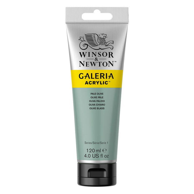 Winsor & Newton Galeria Akrylfärg, 120 ml tub mot färgad bakgrund. Pale Olive