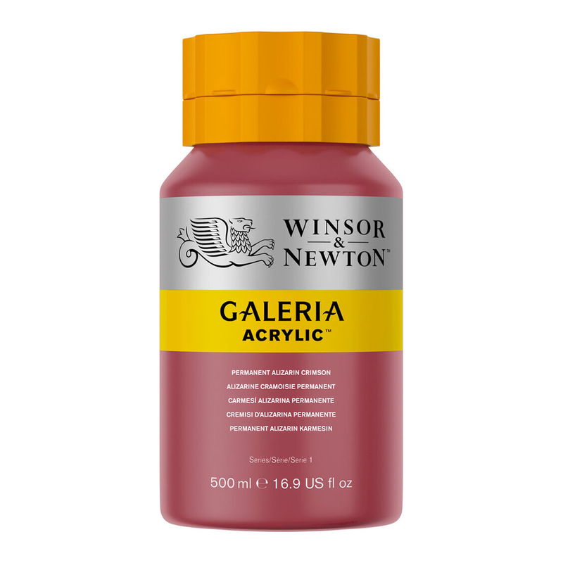 Flaska med 500 ml akrylfärg. Winsor & Newton Galeria Permanent Alizarin Crimson