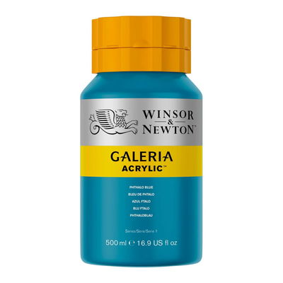 Winsor & Newton Galeria Akrylfärg, 500 ml flaska mot färgad bakgrund. Phthalo Blue