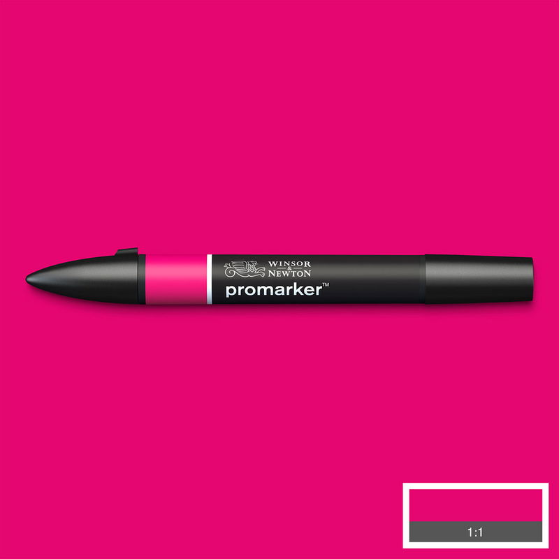 Winsor & Newton Promarker Magenta M865 marker med färgprov och bakgrund i samma ton