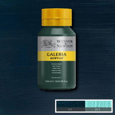 Flaska med 500 ml akrylfärg. Winsor & Newton Galeria Phthalo Green
