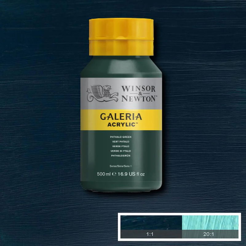 Flaska med 500 ml akrylfärg. Winsor & Newton Galeria Phthalo Green