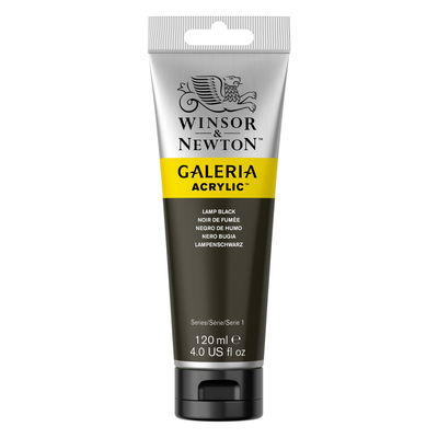 Winsor & Newton Galeria Akrylfärg, 120 ml tub mot färgad bakgrund. Lamp Black