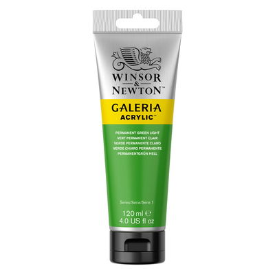 Winsor & Newton Galeria Akrylfärg, 120 ml tub mot färgad bakgrund. Permanent Green Light