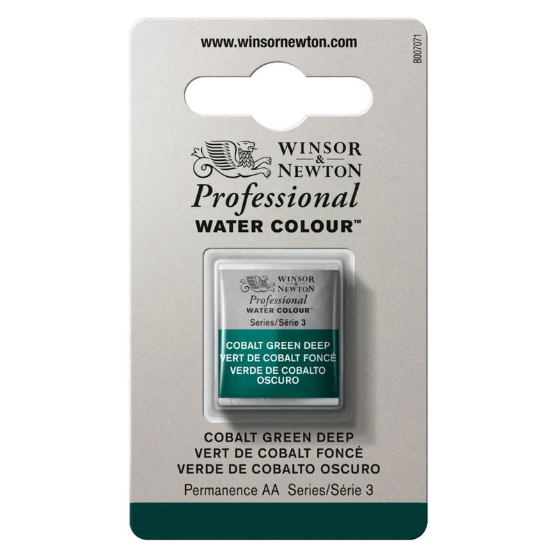 Förpackning med Winsor & Newton Professional akvarellfärg Cobalt Green Deep halvkopp