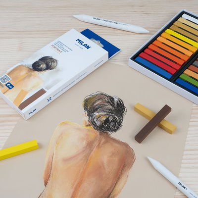 Soft Pastels från Milan, Portrait Colours, inspirerande bild med kritor, förpackning och ett porträtt