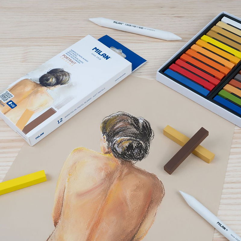 Soft Pastels från Milan, Portrait Colours, inspirerande bild med kritor, förpackning och ett porträtt