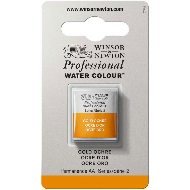 Förpackning med Winsor & Newton Professional akvarellfärg Gold Ochre halvkopp