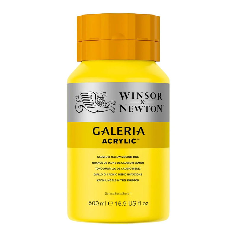 Flaska med 500 ml akrylfärg. Winsor & Newton Galeria Cadmium Yellow Medium Hue