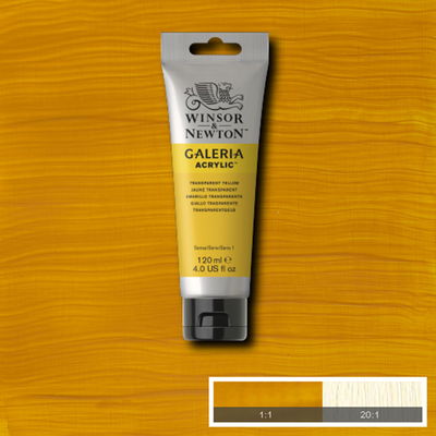 Winsor & Newton Galeria Akrylfärg, 120 ml tub mot färgad bakgrund. Transparent Yellow