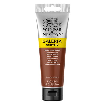 Winsor & Newton Galeria Akrylfärg, 120 ml tub mot färgad bakgrund. Burnt Sienna Opaque