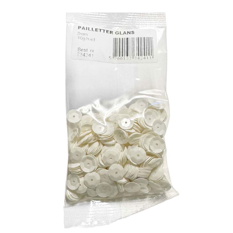Påse med vita paljetter 8 mm 10 g för dekoration och pyssel