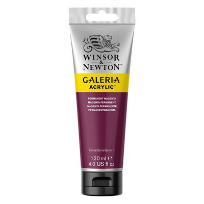 Winsor & Newton Galeria Akrylfärg, 120 ml tub mot färgad bakgrund. Permanent Magenta