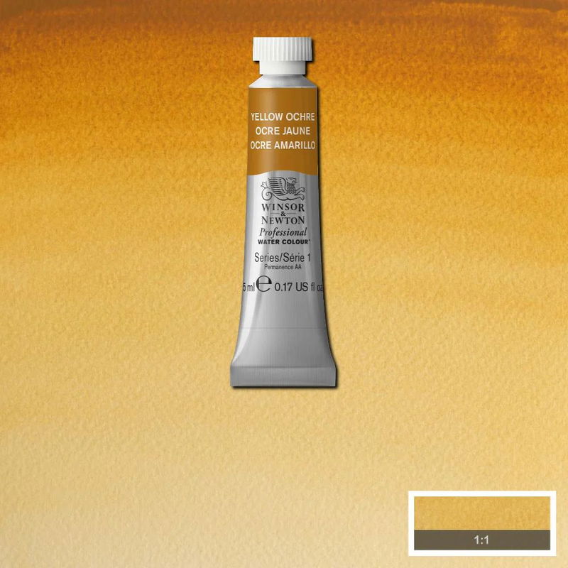 Winsor & Newton Professional Water Colour Yellow Ochre i 5 ml tub som visas mot målad bakgrund i samma färg.