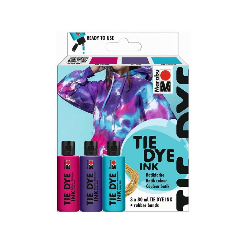 Marabu Tie Dye Ink Trend set i förpackning med tre textilfärger à 80 ml i hallon, plommon och karibisk blå.