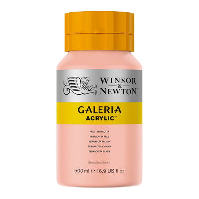 Winsor & Newton Galeria Akrylfärg, 500 ml flaska mot färgad bakgrund. Pale Terracotta