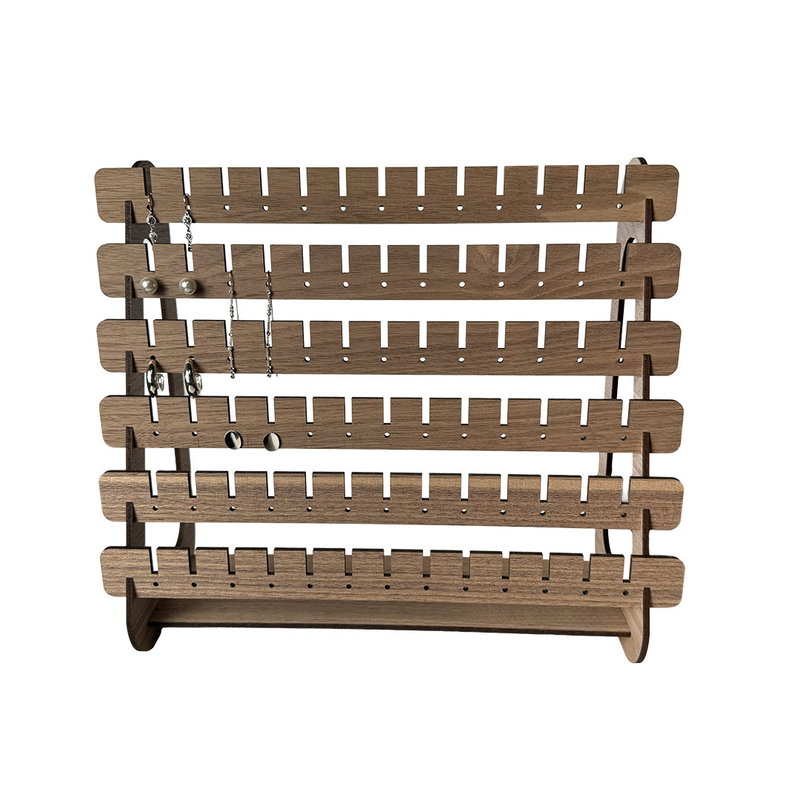 Stort smyckesställ i valnöt med sex rader och hylla, framifrån