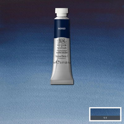 Winsor & Newton Professional Water Colour Indigo 5 ml tub som visas mot målad bakgrund i samma färg.