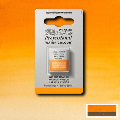 Winsor & Newton Professional Water Colour Winsor Orange i halvkopp som visas mot målad bakgrund i samma färg.