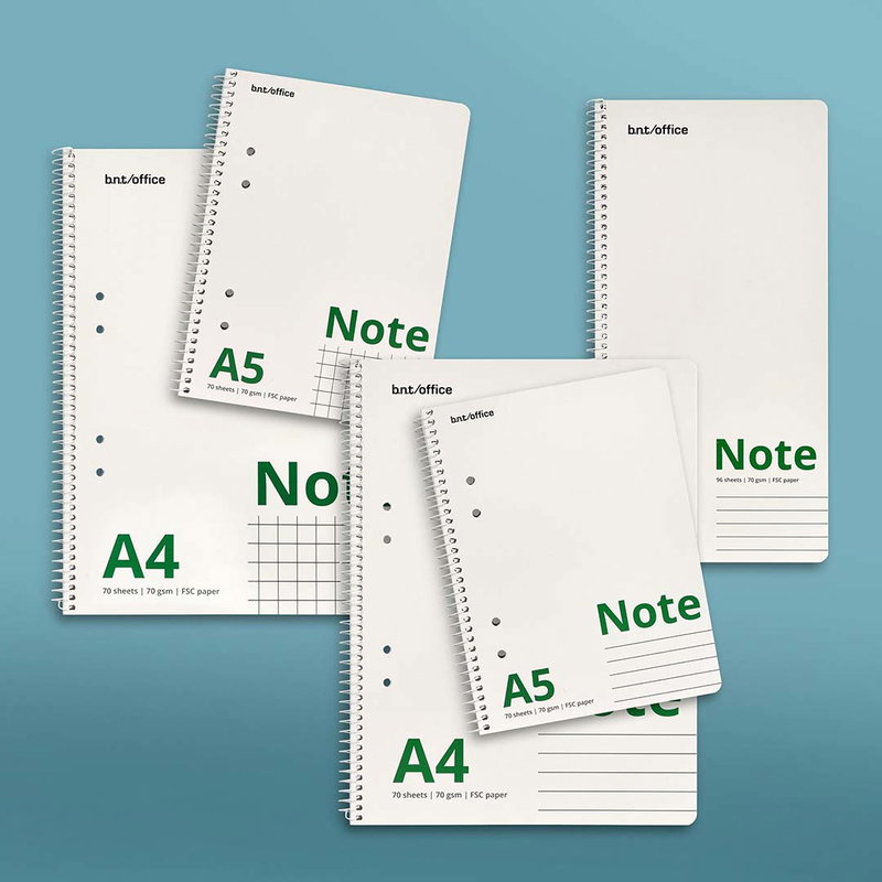 Anteckningsblock bnt office Note i A4, A5 och smalt format med vit spiral, linjerade och rutade