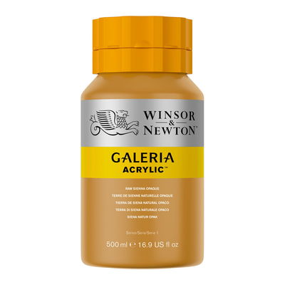 Winsor & Newton Galeria Akrylfärg, 500 ml flaska mot färgad bakgrund. Raw Sienna Opaque