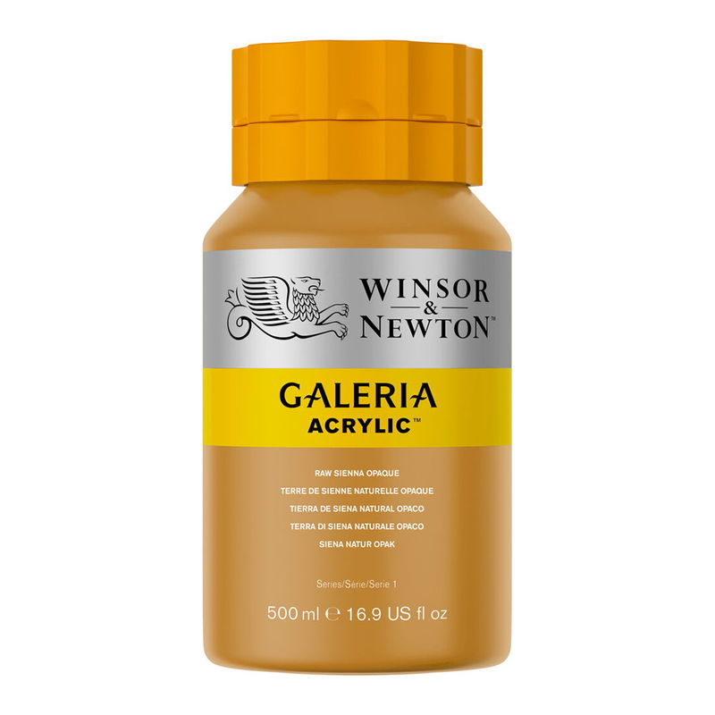 Winsor & Newton Galeria Akrylfärg, 500 ml flaska mot färgad bakgrund. Raw Sienna Opaque