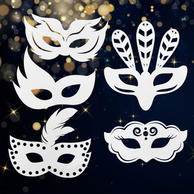 Utskurna vita maskeradmasker, design 2, i kartong, fem olika modeller, liggande på en festlig bakgrund med ljuseffekter