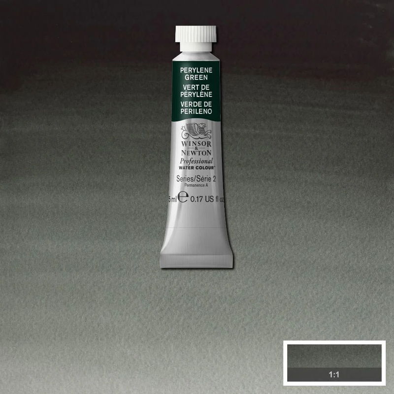 Winsor & Newton Professional Water Colour Perylene Green i 5 ml tub som visas mot målad bakgrund i samma färg.