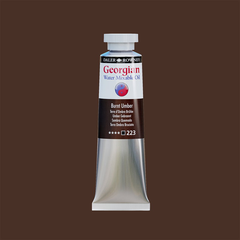 Georgian Water Mixable Oil Paint Burnt Umber 37 ml vattenlöslig oljefärg i tub på bakgrund i samma färg