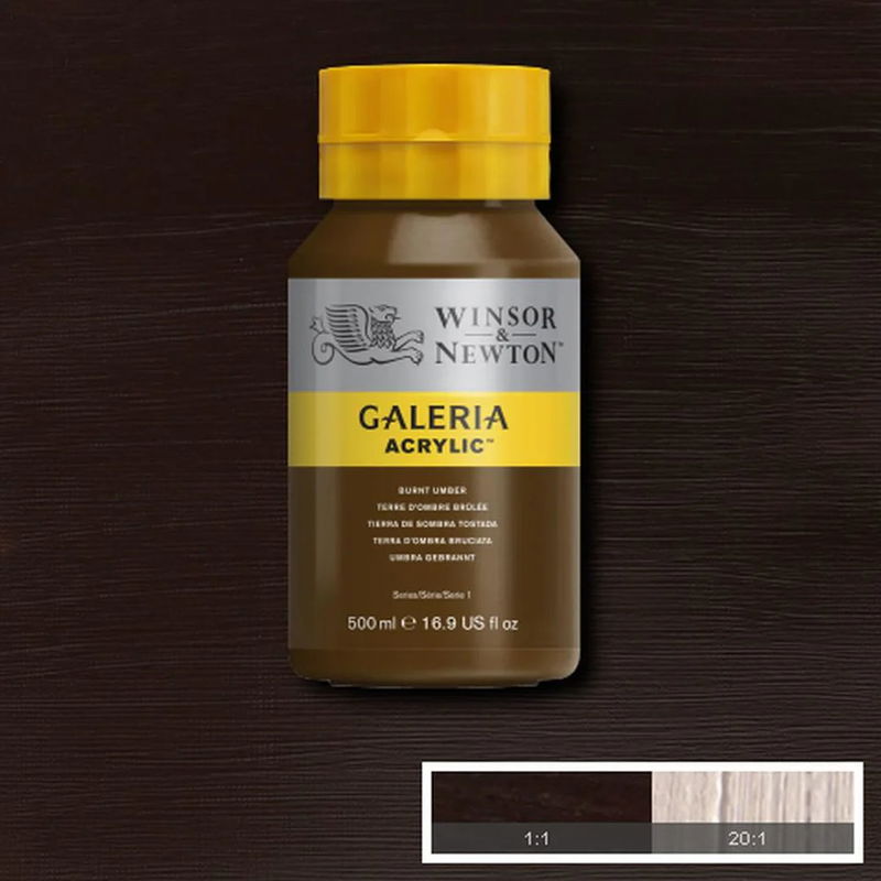 Flaska med 500 ml akrylfärg. Winsor & Newton Galeria Burnt Umber