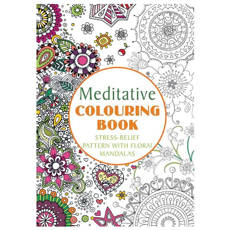 Målarbok Meditative Mandala A4 framsida med färglagda mandala-motiv och blommor