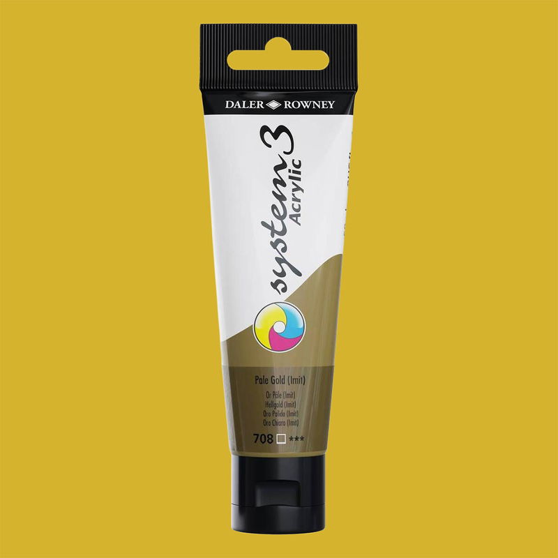 Akrylfärg i tub System3 Acrylic Pale Gold Imitation 708 med färgprov