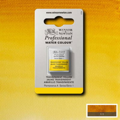 Winsor & Newton Professional Water Colour Transparent Yellow i halvkopp som visas mot målad bakgrund i samma färg.