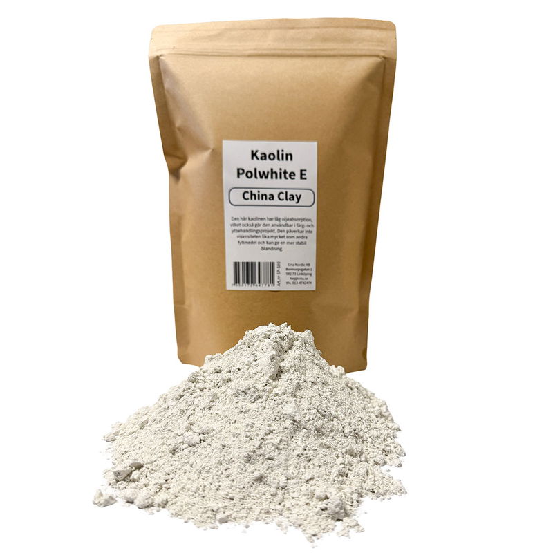 Kaolin, China Clay, till keramik, färg och mer. Förpackning med kaolinpulver framför.