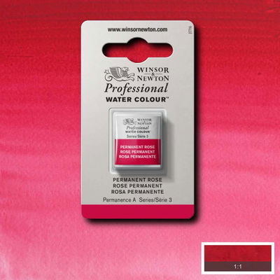 Färgprov och förpackning, Permanent Rose halvkopp Winsor & Newton Professional Water Colour Permanent Rose i halvkopp som visas mot målad bakgrund i samma färg.