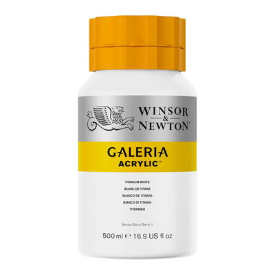 Winsor & Newton Galeria Akrylfärg, 500 ml flaska mot färgad bakgrund. Titanium White