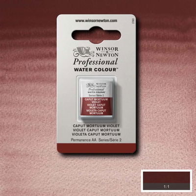 Färgprov och förpackning, Caput Mortuum Violet halvkopp Winsor & Newton Professional Water Colour Caput Mortuum Violet i halvkopp som visas mot målad bakgrund i samma färg.