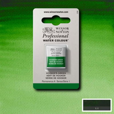 Winsor & Newton Professional Water Colour Hooker's Green i halvkopp som visas mot målad bakgrund i samma färg.