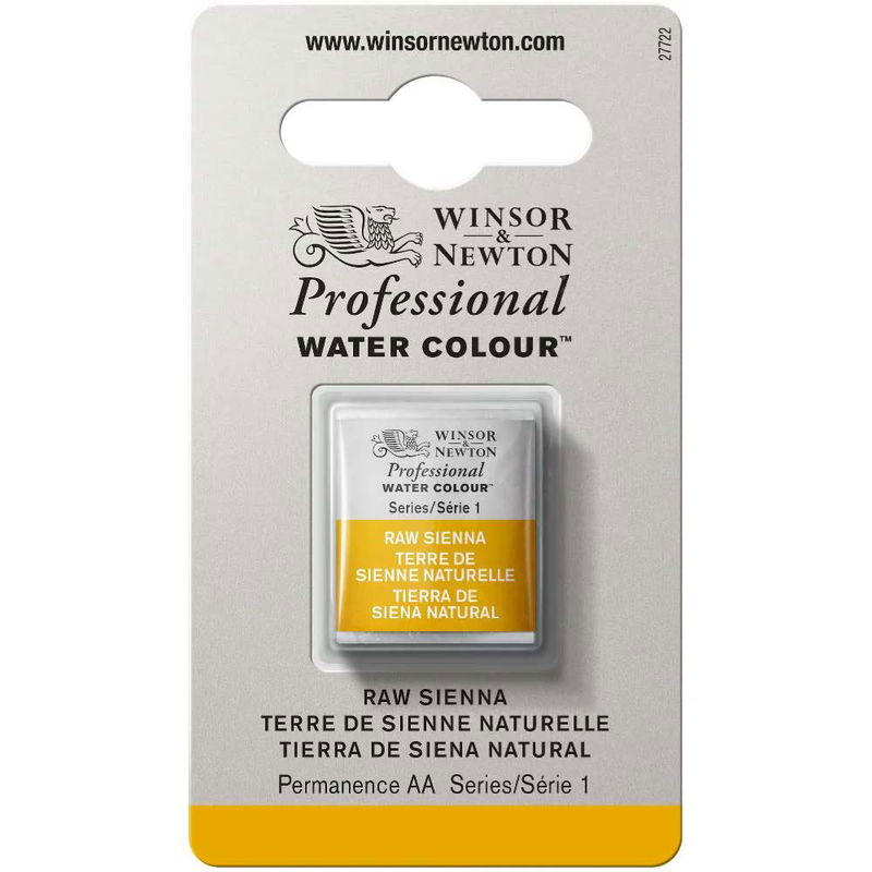Förpackning med Winsor & Newton Professional akvarellfärg Raw Sienna halvkopp